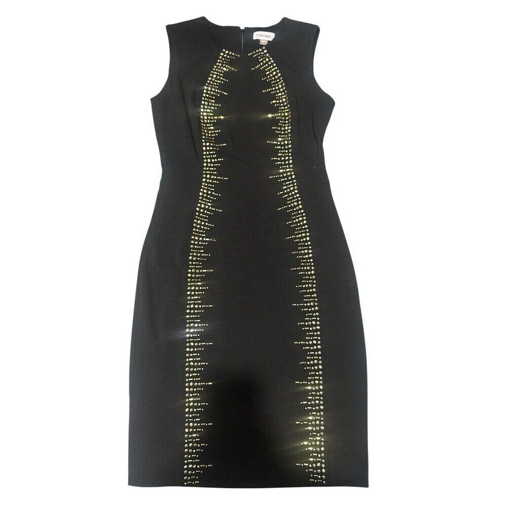 Calvin Klein Black Sheath Dress Gold Stud Embellished Scuba Cocktail Size 4 - Picture 3 of 6